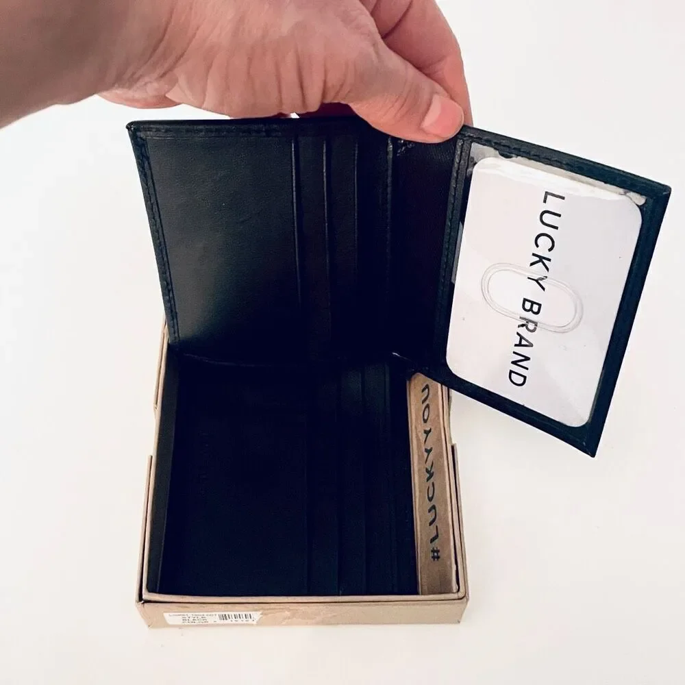 NWT Gorgeous lucky brand Men black bifold genuine leather RFID Wallet w/Gift Box